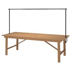 a wooden bench with metal bars on the top and bottom, against a white background