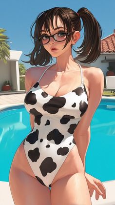 a woman in a bathing suit standing next to a pool with a cow print on it