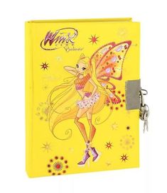 a yellow notebook with a fairy on it