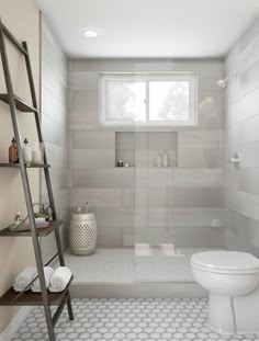 a white toilet sitting next to a window in a bathroom under a ladder with shelves on it