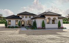 this is an artist's rendering of a house in the country side with trees and shrubs