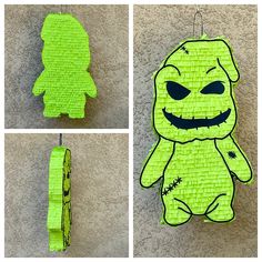 three pictures of a green stuffed animal with black eyes and mouth, hanging on a wall