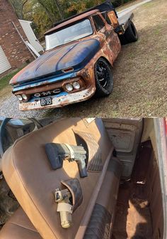 an old car that is rusted and has been turned into a home decor piece