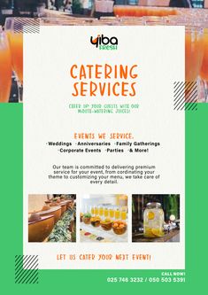 An event catering services flyer for a juice and smoothie business. Smoothie Business, Coffee Catering, Catering Logo