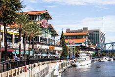 boats are parked on the water in front of some buildings and bridge with palm trees