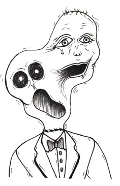 a black and white drawing of a man in a suit with an alien head on his face