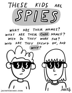 two people wearing sunglasses with the words, these kids are spiess what are their names?