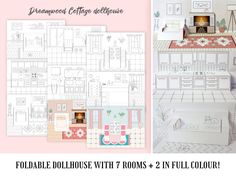 the paper dollhouse with rooms and 2 full color pages is shown in three different colors