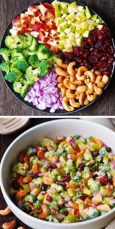 two pictures side by side one with broccoli, the other with fruit and nuts