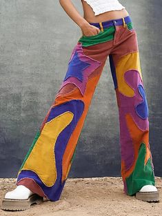 Space Rodeo, Unicorn Space, Color Block Pants, Pants Ideas, Ropa Upcycling, Wide Leg Casual Pants, Autumn Streetwear, Silly Clothes, Colorblock Pants