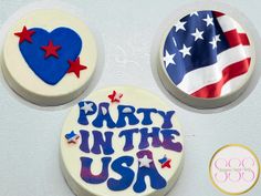 two decorated cookies with the words party in the usa