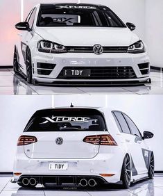 the front and side view of a white volkswagen golf r - spec with black lettering on it