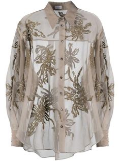 Platform Slide Sandals, Silk Chiffon Blouse, Embellished Shirt, Grey Blouse, Amina Muaddi, Chiffon Shirt, Chiffon Blouse, Silk Chiffon, Brunello Cucinelli