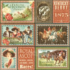 several postage stamps with horses and people on them