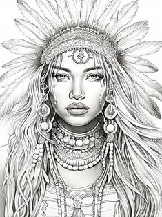 Native American Tattoo Art, Free Coloring Printables, Native Drawings, Indian Feather Tattoos, Native American Drawing, Coloring Printables, Native American Tattoo, American Indian Tattoos, Native American Woman