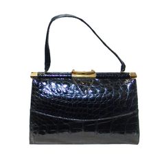 Vintage Vassar black alligator handbag, refurbished by Lana Marks. Height 9.5", width 13.5", depth 7", handle drop 8". Black Leather Purses, Lana Marks, Hang Bags, Alligator Handbags, Crocodile Handbags, Black Alligator, Handbags And Purses, Kelly Bag, Retro Mode