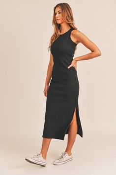 Color: Black, Size: S Midi Dress Boots, Ribbed Dress Outfit, Midi Tank Dress, Black Tank Dress, Ribbed Dress, Travel Dress, Ribbed Midi Dress, Long Dress Casual, Ribbed Dresses