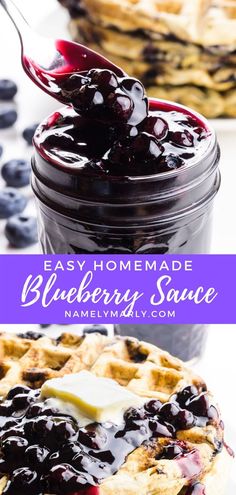 homemade blueberry sauce in a jar with waffles on the side