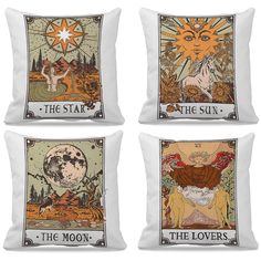 four pillow covers with the sun, moon and stars on them in different colors are shown