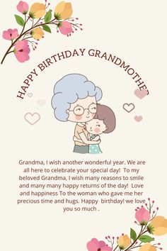 an old woman holding her granddaughter in front of flowers with the words happy birthday grandmother