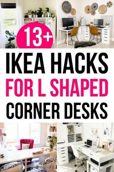 the words ikea hacks for shaped corner desks are shown in pink and white