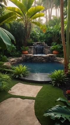 a small pool surrounded by lush green plants and greenery, with a waterfall in the middle