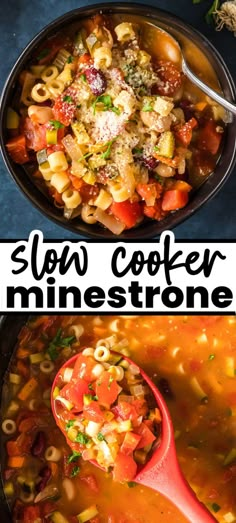 slow cooker minestone soup in a bowl with a spoon and title above it