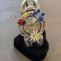 Brand New Bracelet Watch With Enamel Butterfly, Ladybug And Flowers With Little Stones Set Inside. Stainless Steel Back With Japan Movement. Really Pretty Butterfly Watch, Coach Watch, Kate Spade Watch, Girly Car Accessories, Enamel Butterfly, Flower Watch, Girly Car, Gold Watches Women, New Bracelet