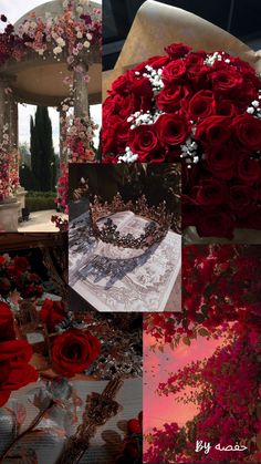 a collage of red roses and other flowers