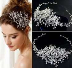 the bride's headpiece is adorned with crystal flowers and pearls, while she wears a