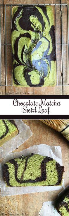 chocolate matcha swirl loaf with green icing on a cooling rack next to it