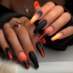 Goth Coffin Nail Ideas, Self Love Nails, Summer Goth Nails, Orange And Black Nails, Black And Orange Nails, Goth Nails, Nail Swag, Gradient Nails