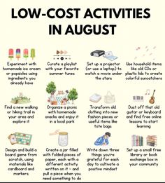 a poster with instructions on how to use low cost activities in august