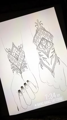 a drawing of two hands with tattoos on them