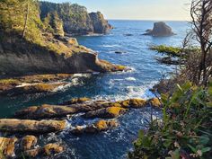 the ocean is surrounded by rocky cliffs and trees