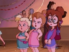 cartoon characters are standing in front of a group of people with their faces obscured by glasses