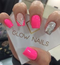 Pretty Graduation Nails, Pink Out Nail Ideas, Pink Nails With Design Short, Hot Pink Formal Nails, Pretty Summer Nails, Nail Ideas Gel, Summer Pink Nails, Glitter Nail Ideas, Summer Nails Colors Designs