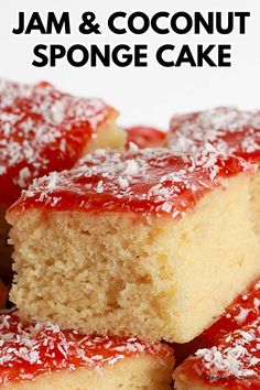 jam and coconut sponge cake on a plate with text overlay that reads, jam & coconut sponge cake