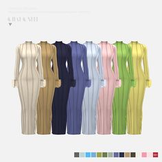 six colors of long sleeved dresses in different styles and sizes, all with the same color