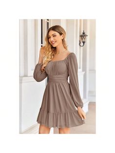 BZB Women's Mesh Long Sleeve Square Neck Dress High Waist A Line Ruffle Hem Flowy Casual Party Mini Dress Brown Elegant  Long Sleeve  Plain A Line   Women Clothing, size features are:Bust: ,Length: ,Sleeve Length: Casual Brown Long Sleeve Dress, Cheap Brown Flowy Mini Dress, Brown Flowy Short Sleeve Dress, Brown Flowy Long Sleeve Midi Dress, Long Sleeve Square Neck Dress, Brown Flowy Long Sleeve Mini Dress, Party Mini Dress, Dresses Casual Fall, Square Neck Dress