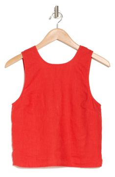 Crafted of lightweight linen, this top has a scooped neckline and open V-back with an adjustable tie detail. Supercute and breezy, it's perfect layered at the beach or worn on its own. 20 1/2" front length; 10" to 19 1/2" back length (size 8) Scoop neck 100% linen Machine wash, tumble dry Imported Italy Packing, Ship Craft, Linen Tank, Scooped Neckline, Fabric Gift Bags, Linen Top, Nordstrom Store, Fabric Gifts, Free Fabric