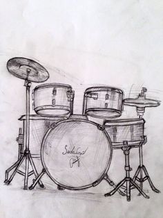 a pencil drawing of a drum set