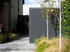 an entrance to a modern home with tall grass and trees in the foreground, on a sunny day