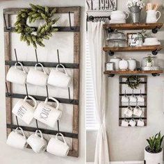 two shelves with coffee mugs hanging on them, one is holding cups and the other has