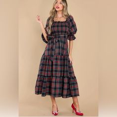 Brand New With Tags. Please Note: The Sleeve Style Of This Dress Is Not The Same As The One In The Stock Picture But Same Fabric And Style. Fall Holiday Midi Dress, Casual Midi Dress For Holiday, Black Square Neck Maxi Dress For Fall, Casual Midi Length Holiday Dress, Black Tartan, Red Dress Women, Red Dress Boutique, Dresses Red, Dress Boutique