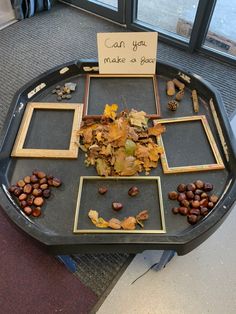 a tray with leaves and acorns on it that says, can you make a space?