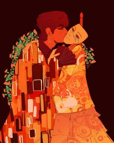 two people are kissing each other in front of an orange and black background with flowers