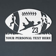 a football themed personalized cutout with the number 23 and two people on it