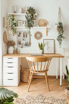 a desk with plants and pictures on the wall above it, along with other office supplies