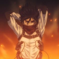 an anime character standing in front of a fire with his hands on his head and arms behind his back